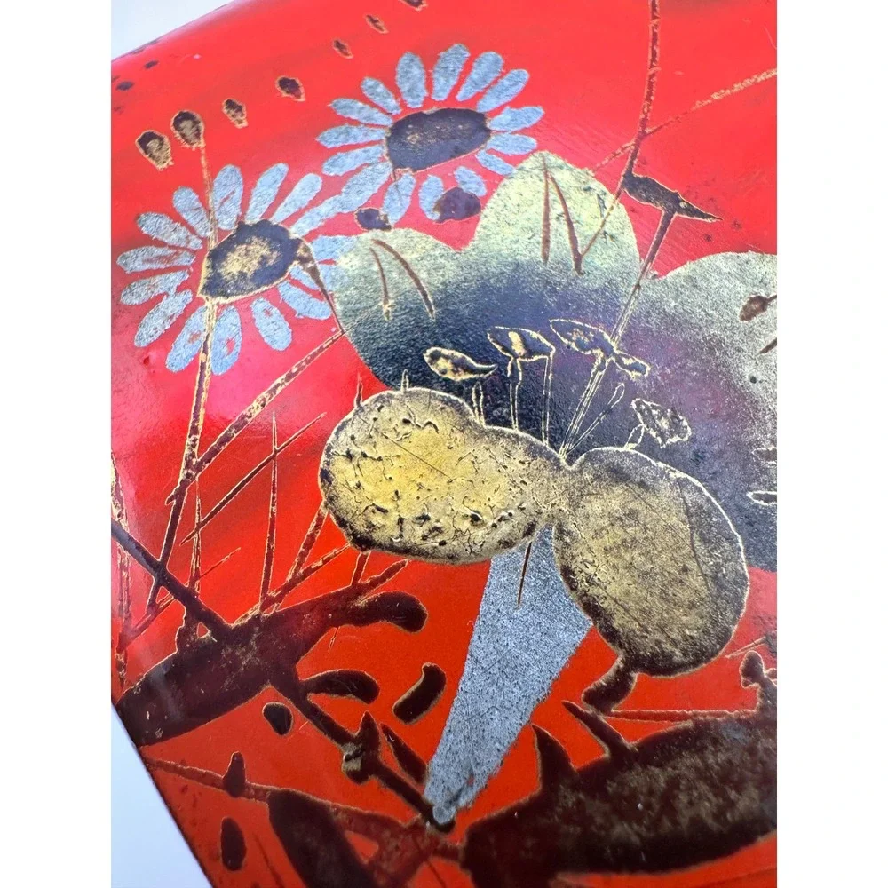 Vintage Red Lacquer Trinket Box‎ Floral Bird Oriental Design Gift Box Jewelry